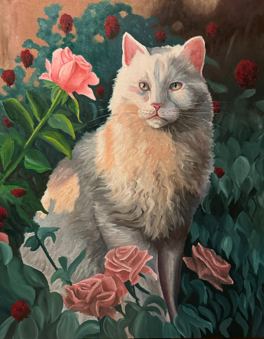 White Cat In The Rose Garden